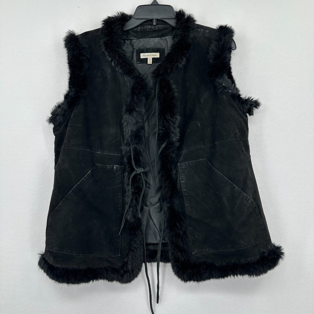 Yvonne & Marie Rabbit Fur Trim Vest Leather Womens 14 Black Boho Winter Sassy